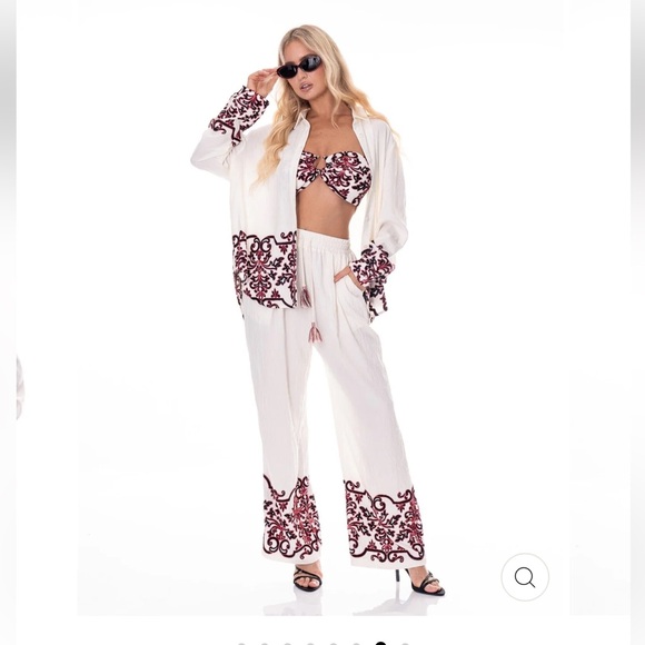 Galita Pants - Elegant White and Red Embroidered 3 Piece Wide Leg Pant Set